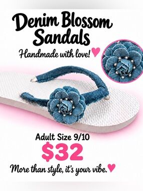 🩷.   S-49.  Denim Blossom Sandals - Blue Floral Flip Flops